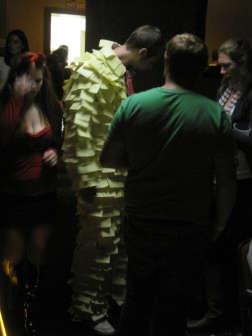 Incredible Halloween costume. Props to the Post-it Note guy! Also, note the sexy kitten--perhaps the evening's most common "costume."